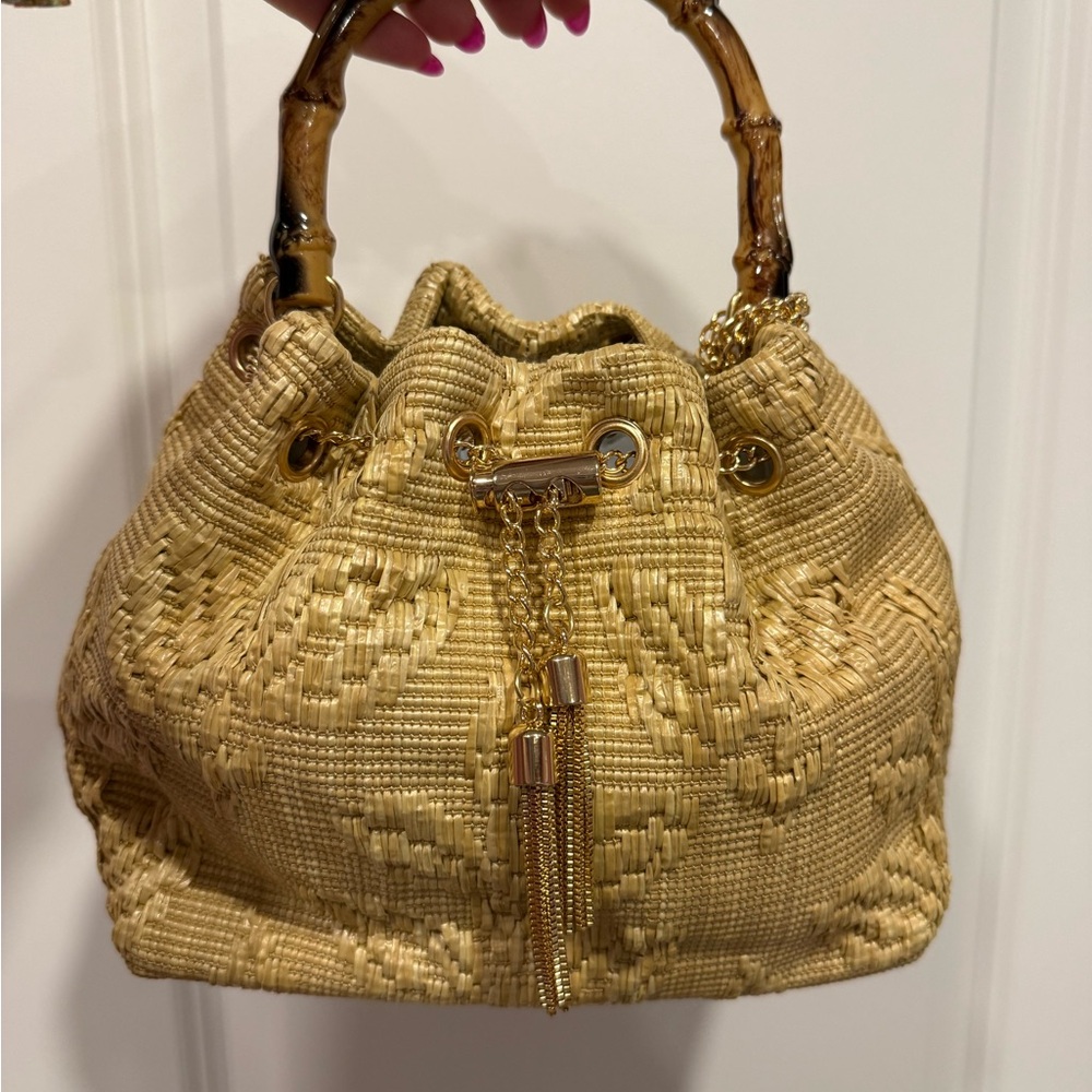 Woven Straw Drawstring Tote Bag with Bamboo Handles - Gold